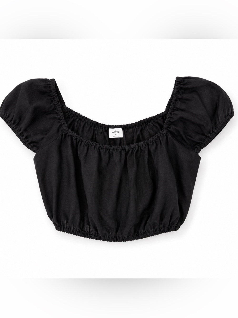 Wilfred 100% Linen Puff Sleeve Crop Top Black Elastic Waist Summer Blouse